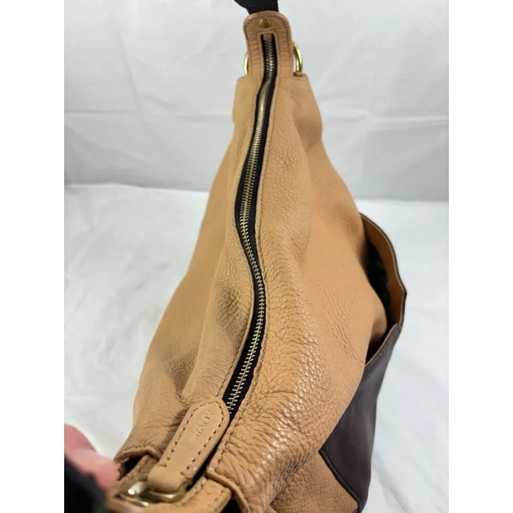 Oryany Adele Colorblock Tan & Brown Pebbled Leather Hobo Shoulder Handbag